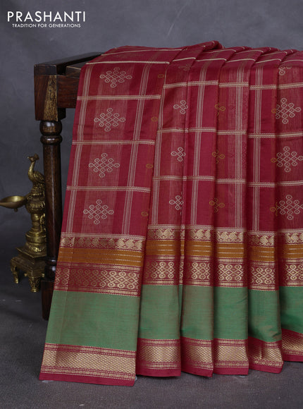Kanchipuram silk cotton saree red with allover thread checks & buttas and rettapet zari woven border