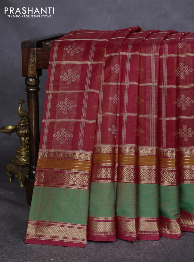 Kanchipuram silk cotton saree red with allover thread checks & buttas and rettapet zari woven border