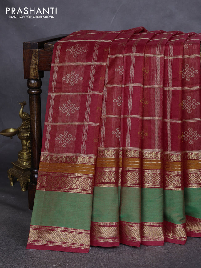 Kanchipuram silk cotton saree red with allover thread checks & buttas and rettapet zari woven border