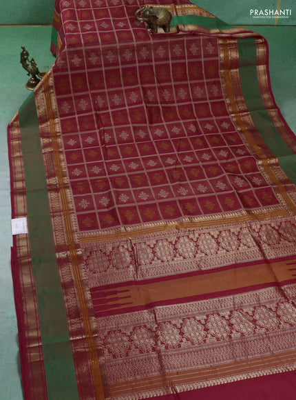 Kanchipuram silk cotton saree red with allover thread checks & buttas and rettapet zari woven border