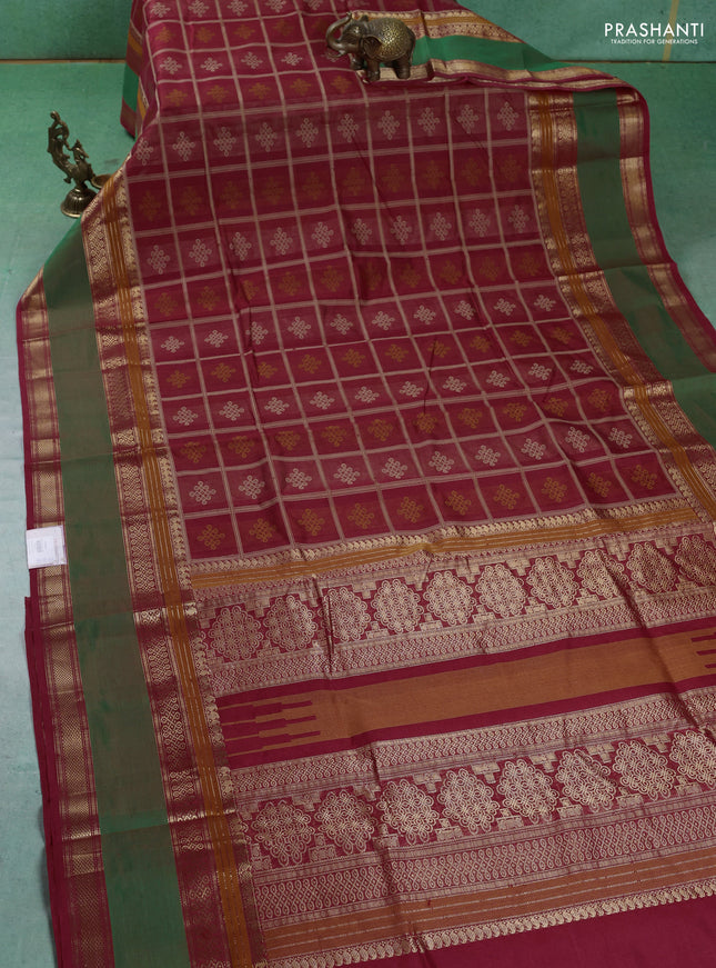 Kanchipuram silk cotton saree red with allover thread checks & buttas and rettapet zari woven border