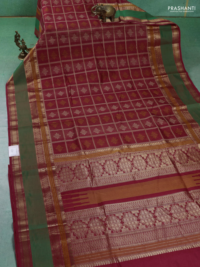 Kanchipuram silk cotton saree red with allover thread checks & buttas and rettapet zari woven border