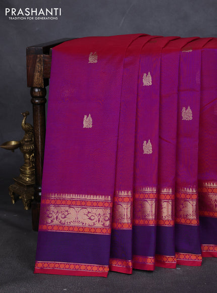 Kanchipuram silk cotton saree pink and violet with zari woven buttas and rettapet zari woven border