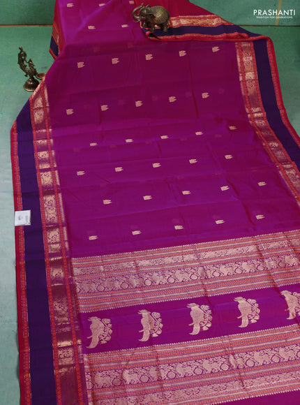 Kanchipuram silk cotton saree pink and violet with zari woven buttas and rettapet zari woven border