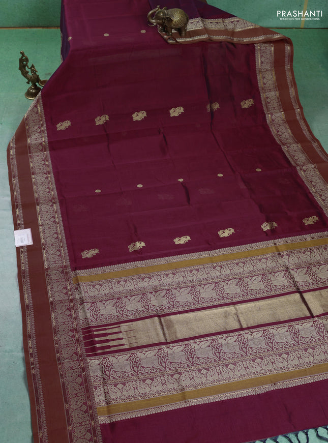 Kanchipuram silk cotton saree maroon with zari woven buttas and thread woven border