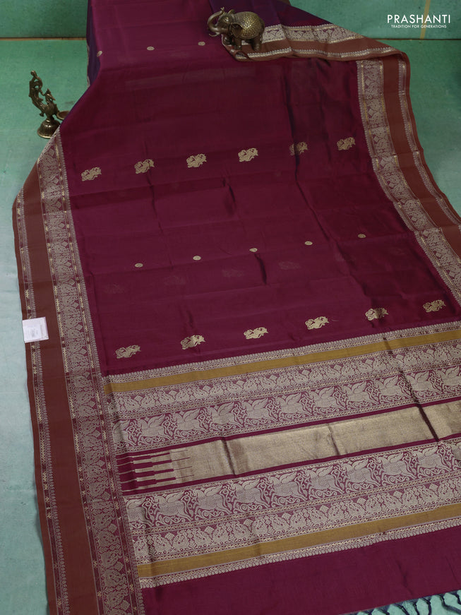 Kanchipuram silk cotton saree maroon with zari woven buttas and thread woven border