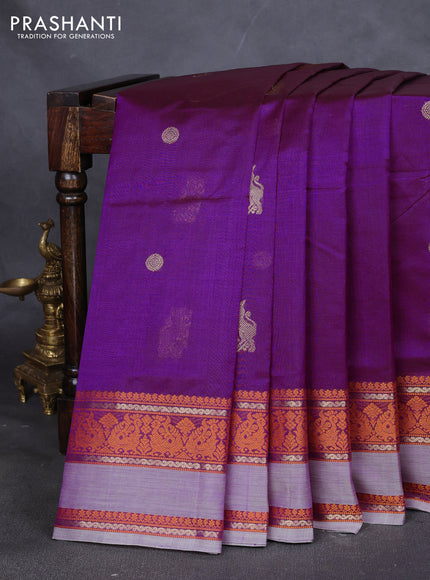 Kanchipuram silk cotton saree purple and pastel lavender with zari woven buttas and thread woven border