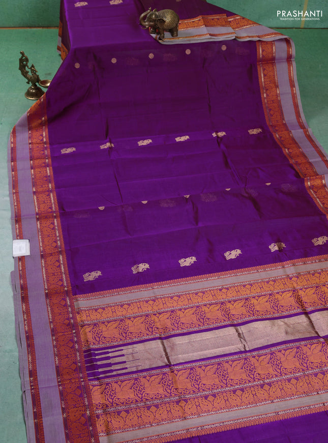 Kanchipuram silk cotton saree purple and pastel lavender with zari woven buttas and thread woven border