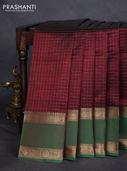 Kanchipuram silk cotton saree maroon and pink with allover zari checked pattern and rettapet zari woven border