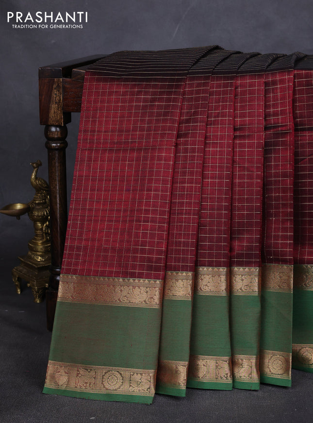 Kanchipuram silk cotton saree maroon and pink with allover zari checked pattern and rettapet zari woven border