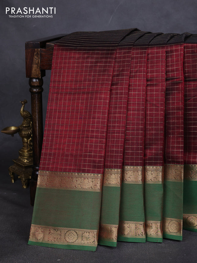 Kanchipuram silk cotton saree maroon and pink with allover zari checked pattern and rettapet zari woven border