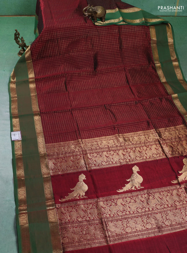 Kanchipuram silk cotton saree maroon and pink with allover zari checked pattern and rettapet zari woven border