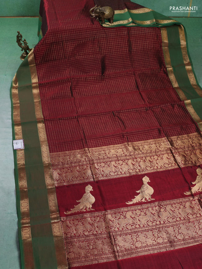 Kanchipuram silk cotton saree maroon and pink with allover zari checked pattern and rettapet zari woven border