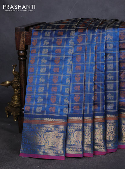 Kanchipuram silk cotton saree peacock blue and dark pink with allover thread checks & buttas and zari woven border