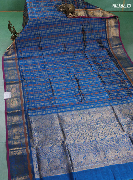 Kanchipuram silk cotton saree peacock blue and dark pink with allover thread checks & buttas and zari woven border