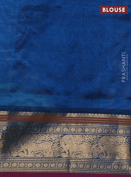 Kanchipuram silk cotton saree peacock blue and dark pink with allover thread checks & buttas and zari woven border
