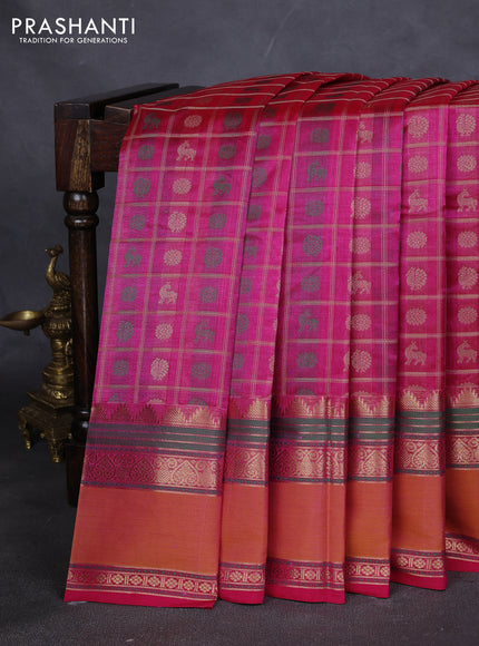 Kanchipuram silk cotton saree pink with allover thread checks & buttas and rettapet zari woven butta border