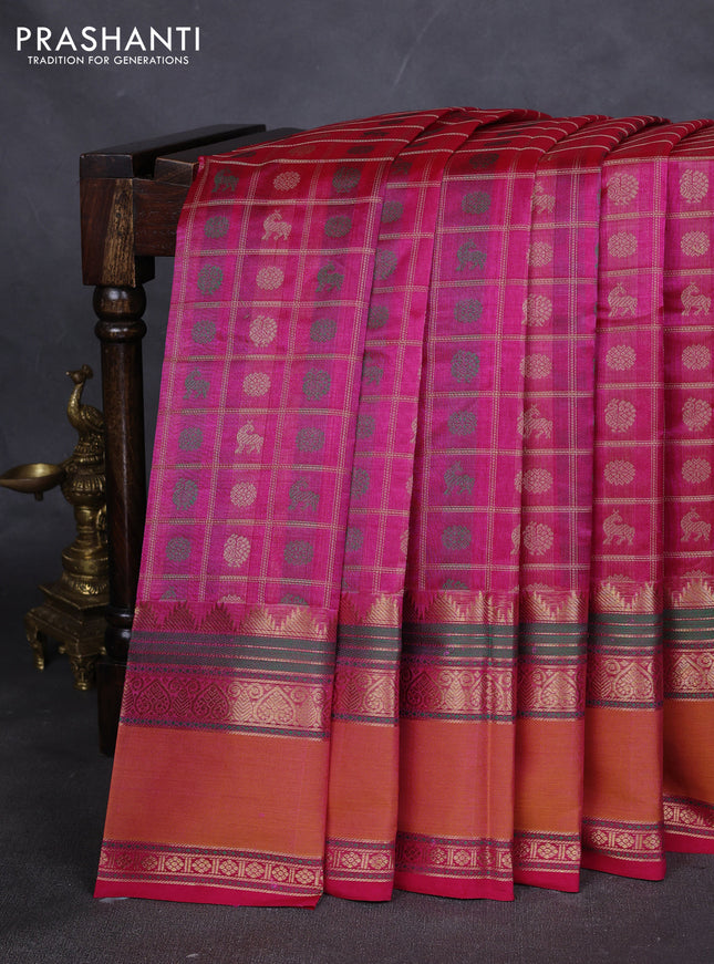 Kanchipuram silk cotton saree pink with allover thread checks & buttas and rettapet zari woven butta border