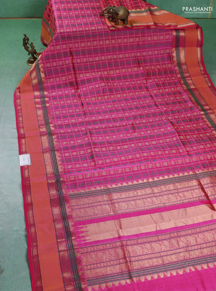 Kanchipuram silk cotton saree pink with allover thread checks & buttas and rettapet zari woven butta border