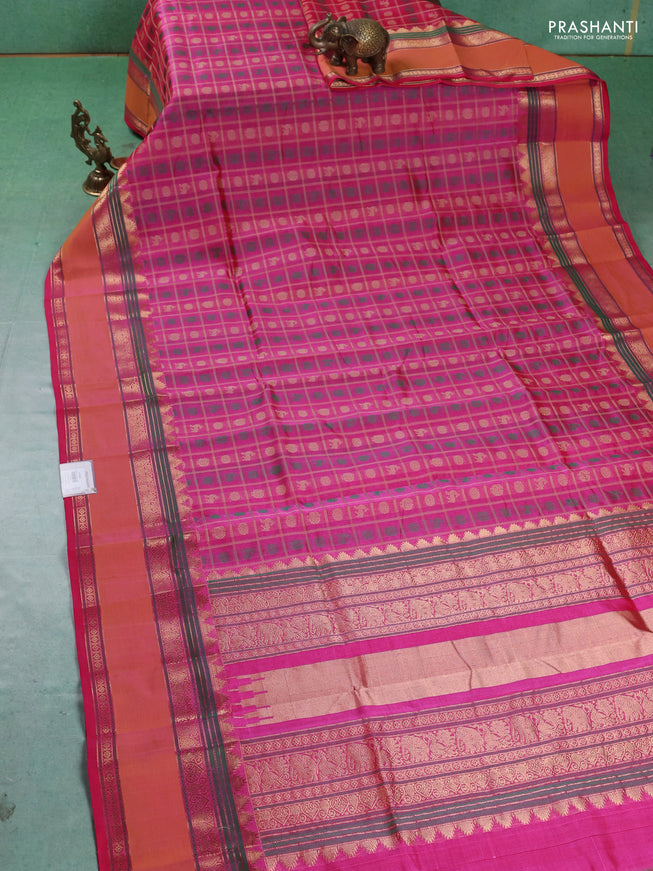 Kanchipuram silk cotton saree pink with allover thread checks & buttas and rettapet zari woven butta border