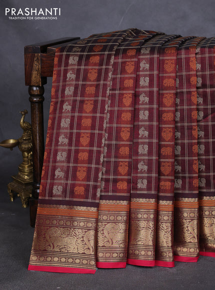 Kanchipuram silk cotton saree deep maroon with allover thread checks & buttas and zari woven border
