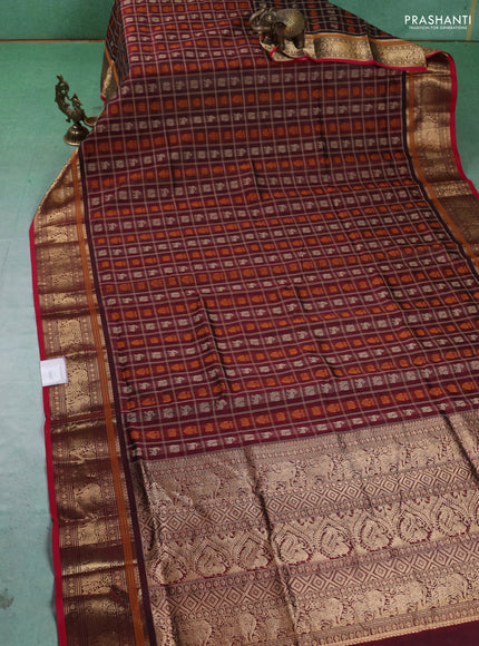 Kanchipuram silk cotton saree deep maroon with allover thread checks & buttas and zari woven border
