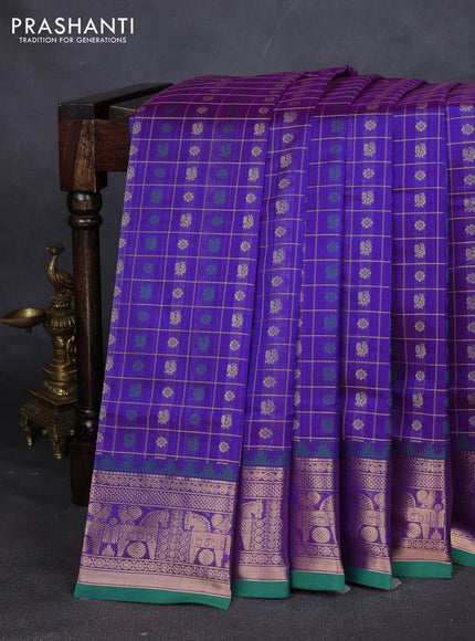 Kanchipuram silk cotton saree violet and green with allover thread checks & buttas and zari woven border