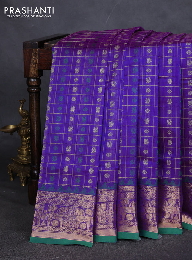 Kanchipuram silk cotton saree violet and green with allover thread checks & buttas and zari woven border