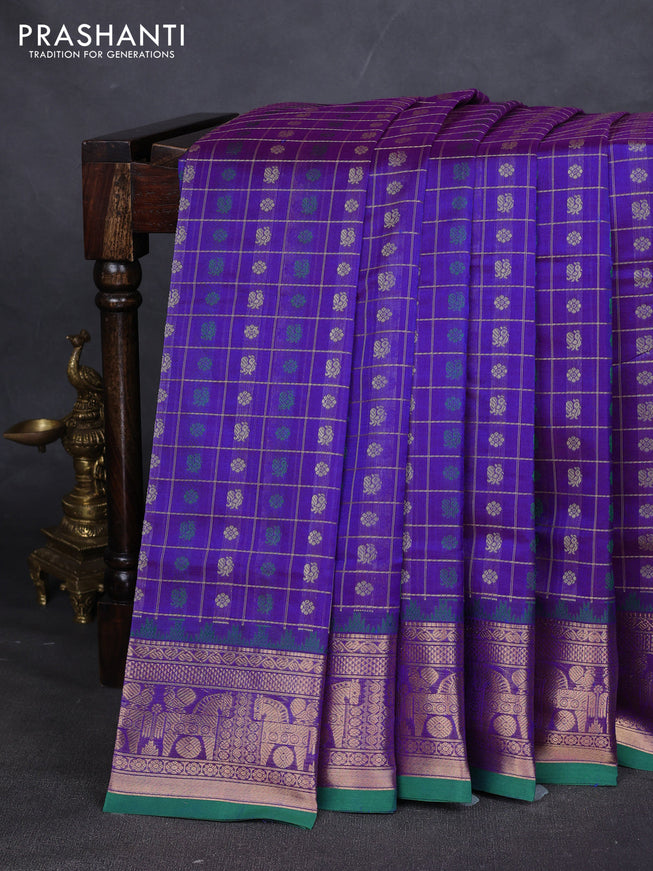 Kanchipuram silk cotton saree violet and green with allover thread checks & buttas and zari woven border