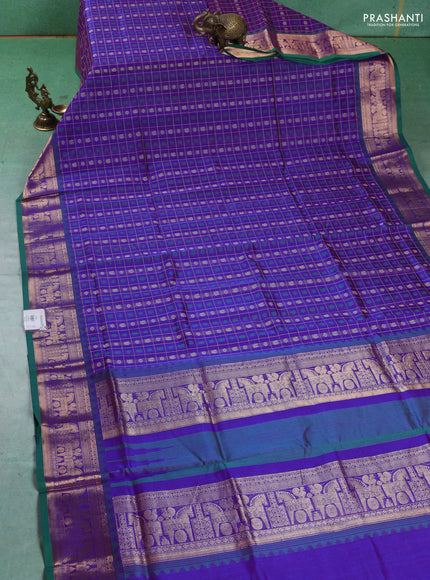 Kanchipuram silk cotton saree violet and green with allover thread checks & buttas and zari woven border