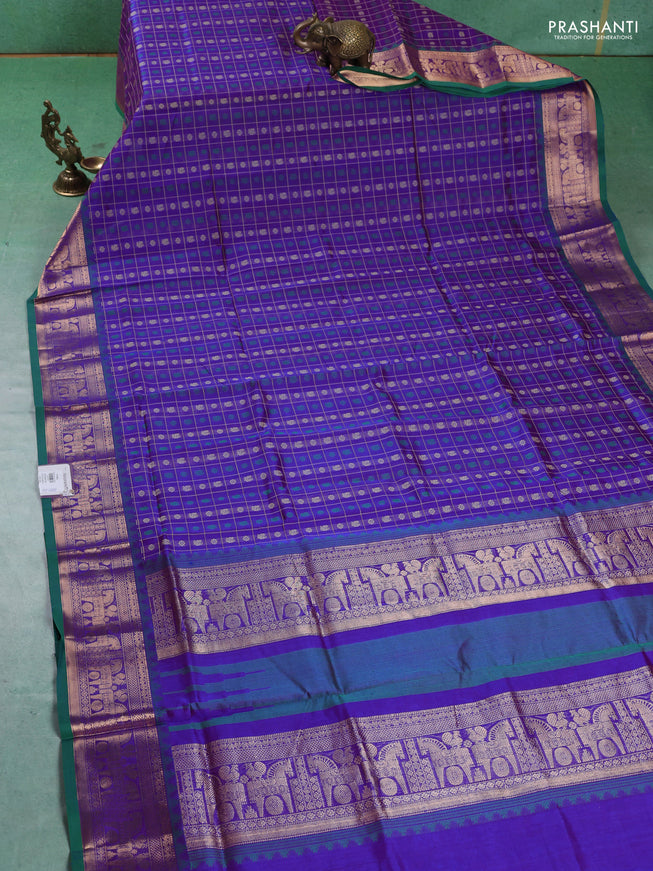 Kanchipuram silk cotton saree violet and green with allover thread checks & buttas and zari woven border