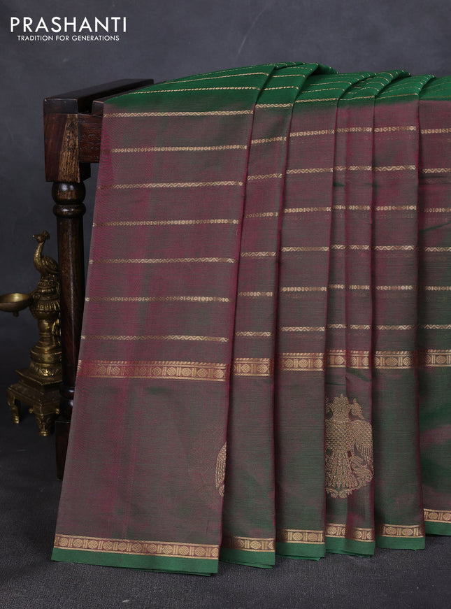 Kanchipuram silk cotton saree dual shade of green with allover zari stripes pattern and rettapet zari woven butta border