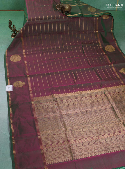 Kanchipuram silk cotton saree dual shade of green with allover zari stripes pattern and rettapet zari woven butta border