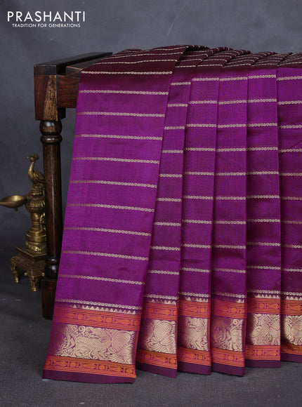 Kanchipuram silk cotton saree magenta pink with allover thread stripes pattern and zari woven border