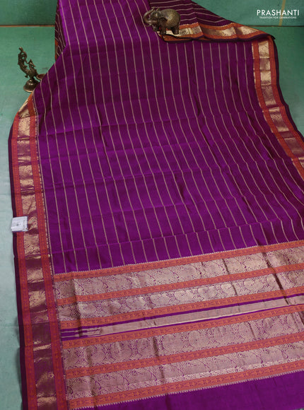 Kanchipuram silk cotton saree magenta pink with allover thread stripes pattern and zari woven border