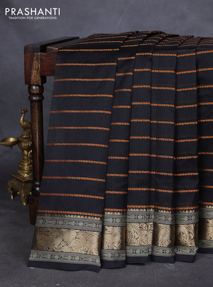 Kanchipuram silk cotton saree black with allover thread stripes pattern and zari woven border