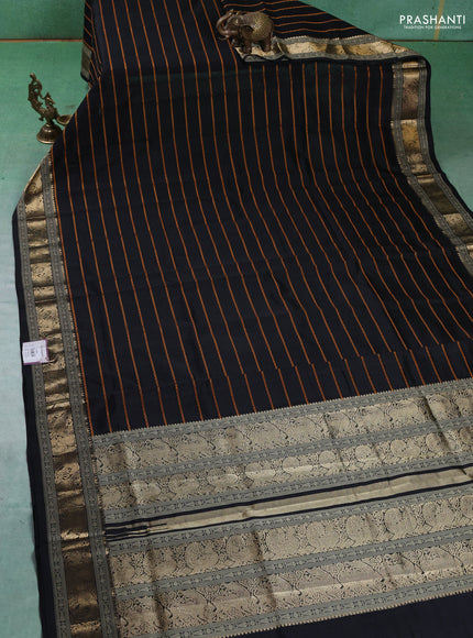 Kanchipuram silk cotton saree black with allover thread stripes pattern and zari woven border