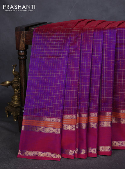 Kanchipuram silk cotton saree purple with allover thread checks & buttas and rettapet zari woven border