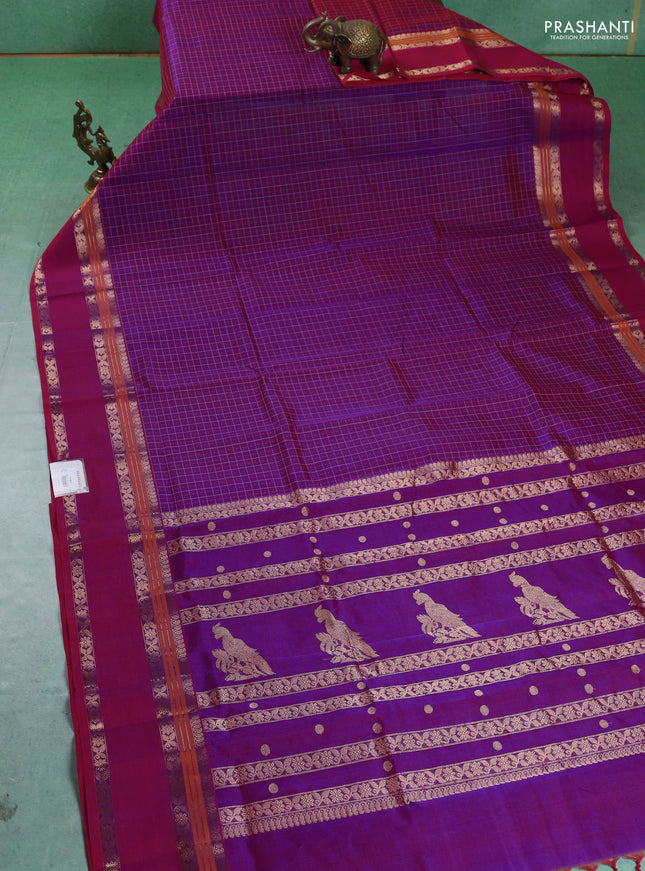 Kanchipuram silk cotton saree purple with allover thread checks & buttas and rettapet zari woven border