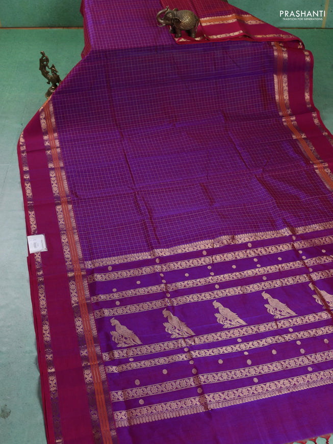 Kanchipuram silk cotton saree purple with allover thread checks & buttas and rettapet zari woven border