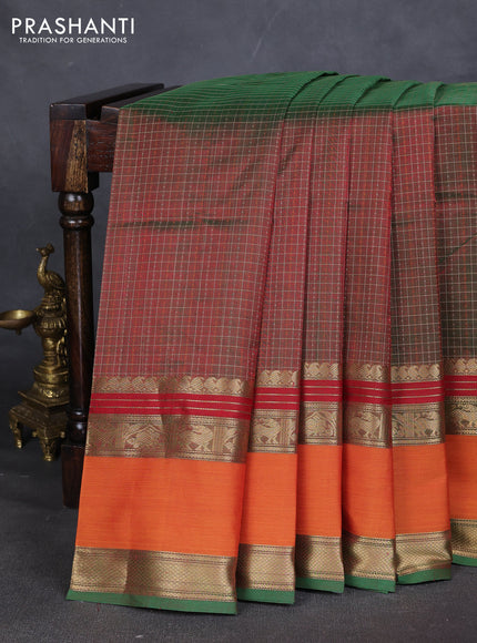 Kanchipuram silk cotton saree manthulir green and orange with allover thread checks & buttas and rettapet zari woven border