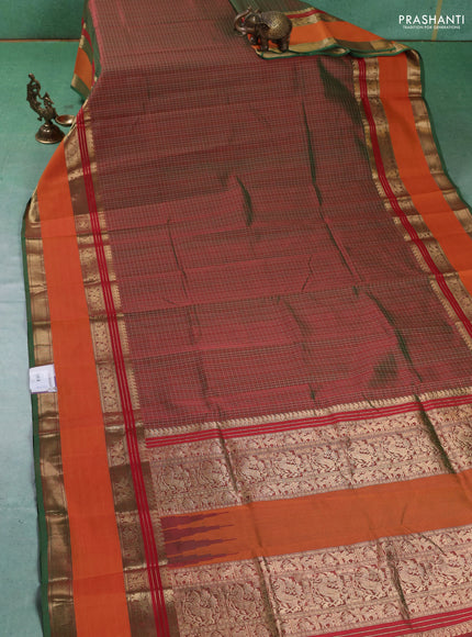 Kanchipuram silk cotton saree manthulir green and orange with allover thread checks & buttas and rettapet zari woven border