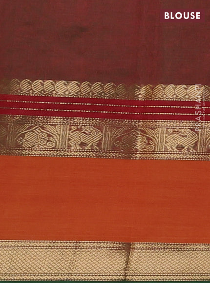 Kanchipuram silk cotton saree manthulir green and orange with allover thread checks & buttas and rettapet zari woven border