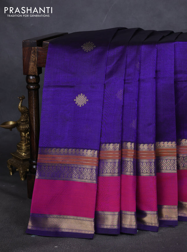 Kanchipuram silk cotton saree blue and pink and zari woven buttas and rettapet zari woven border