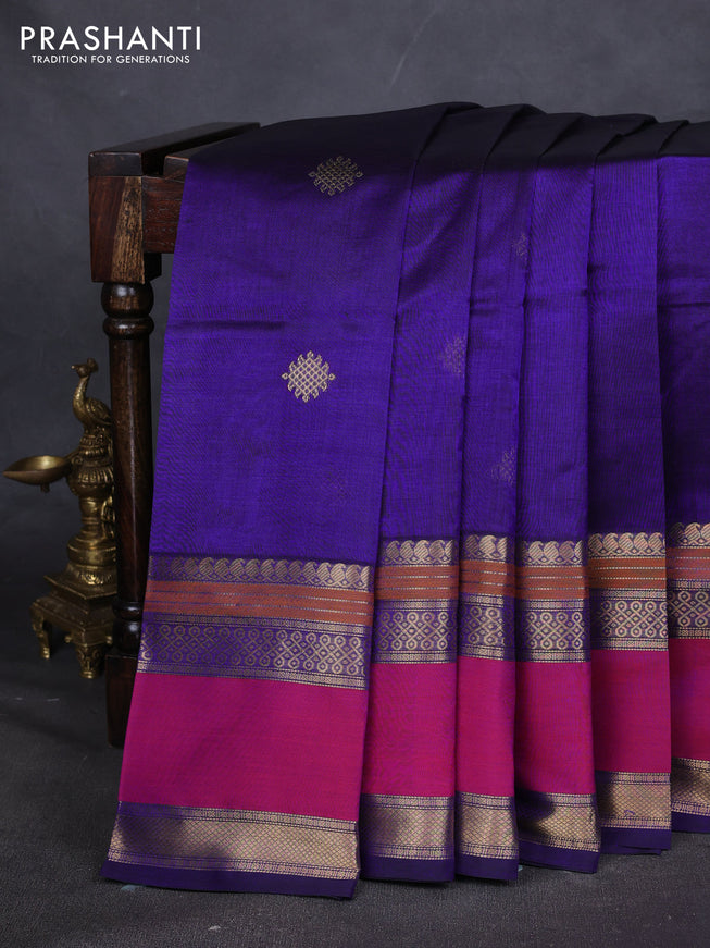 Kanchipuram silk cotton saree blue and pink and zari woven buttas and rettapet zari woven border