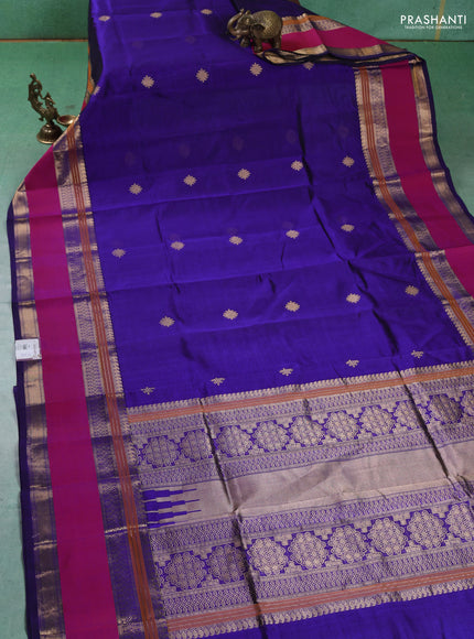 Kanchipuram silk cotton saree blue and pink and zari woven buttas and rettapet zari woven border