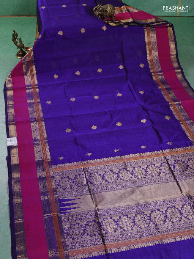 Kanchipuram silk cotton saree blue and pink and zari woven buttas and rettapet zari woven border