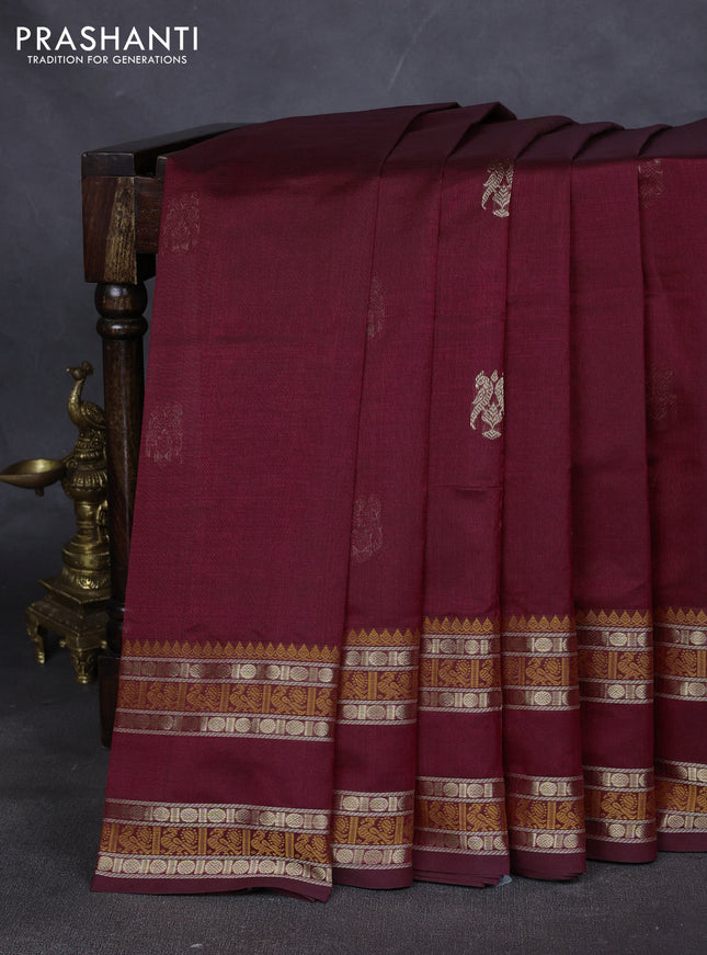 Kanchipuram silk cotton saree maroon and and zari woven buttas and rettapet zari woven border