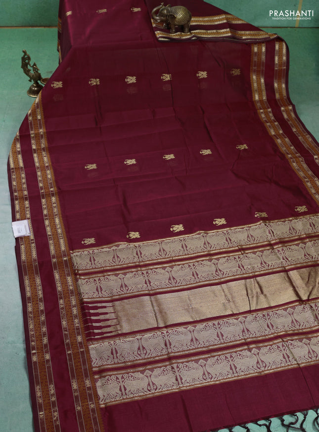 Kanchipuram silk cotton saree maroon and and zari woven buttas and rettapet zari woven border