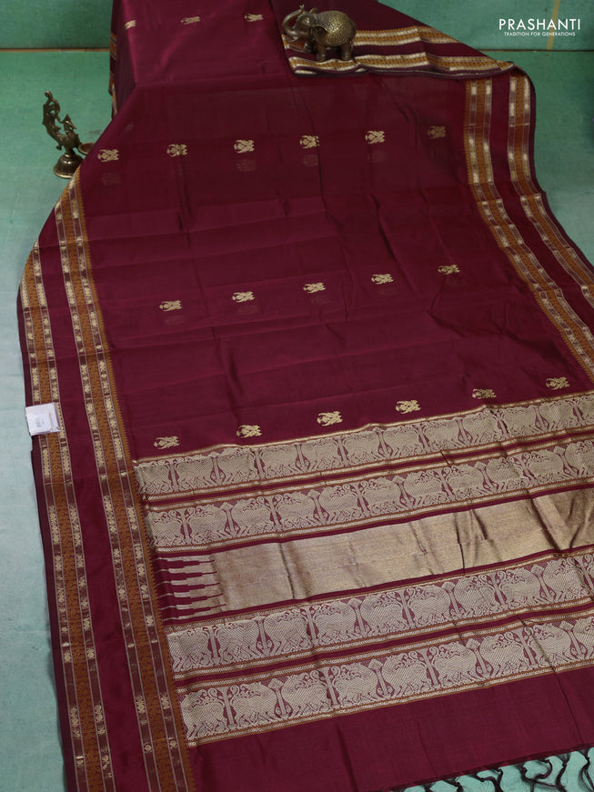 Kanchipuram silk cotton saree maroon and and zari woven buttas and rettapet zari woven border